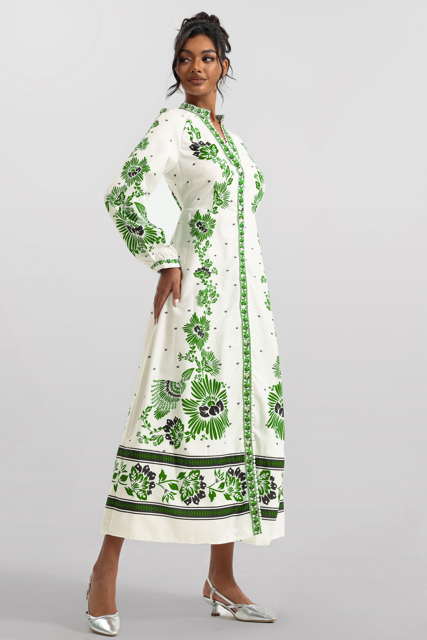 Floral Lantern Sleeve Bottom Midi Dress