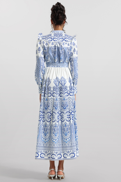 Paisley Print Lantern Sleeve Midi Dress