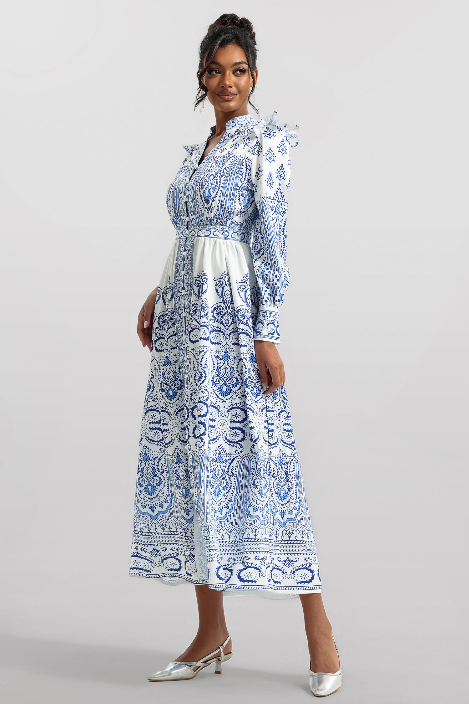 Paisley Print Lantern Sleeve Midi Dress