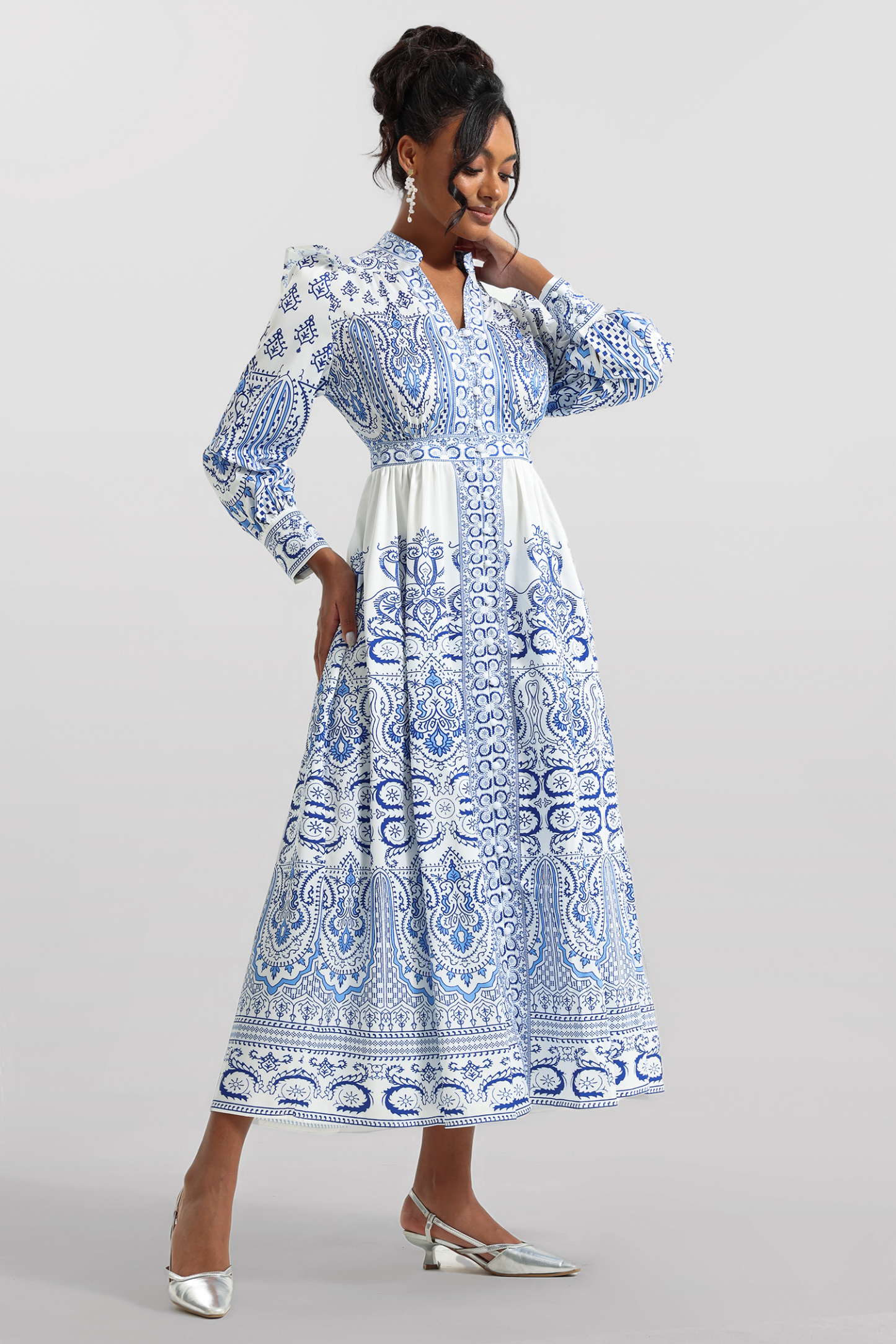 Paisley Print Lantern Sleeve Midi Dress
