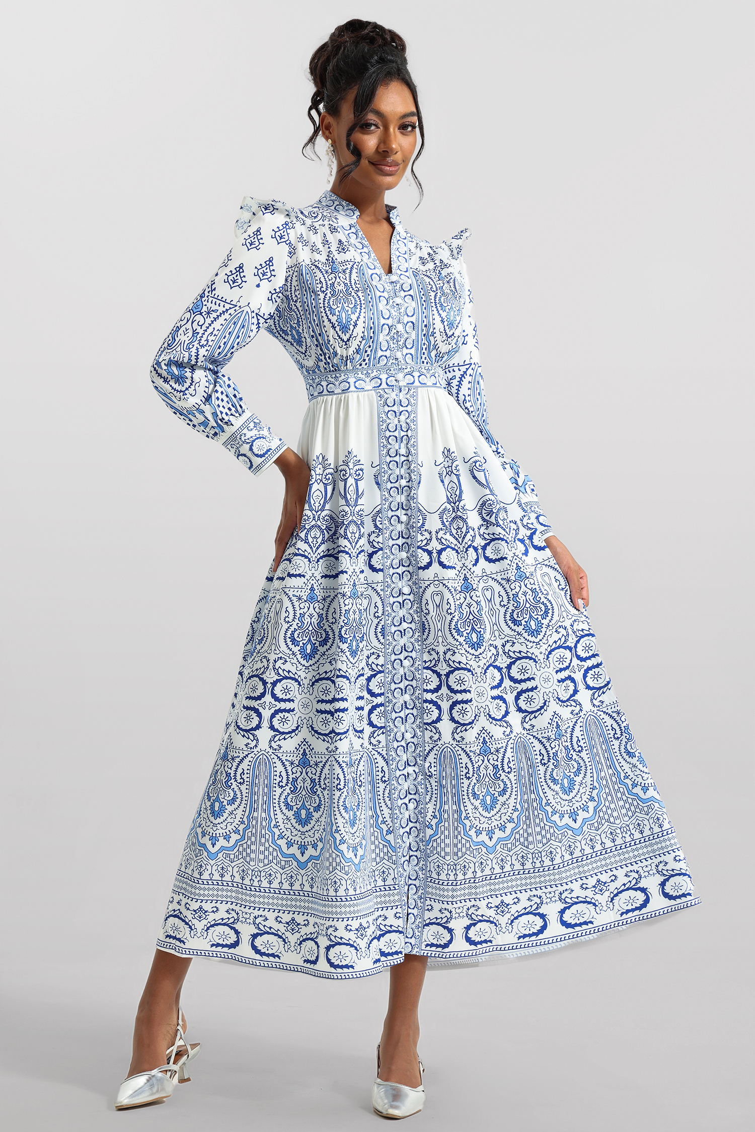 Paisley Print Lantern Sleeve Midi Dress