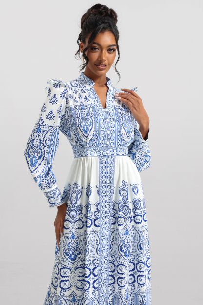Paisley Print Lantern Sleeve Midi Dress