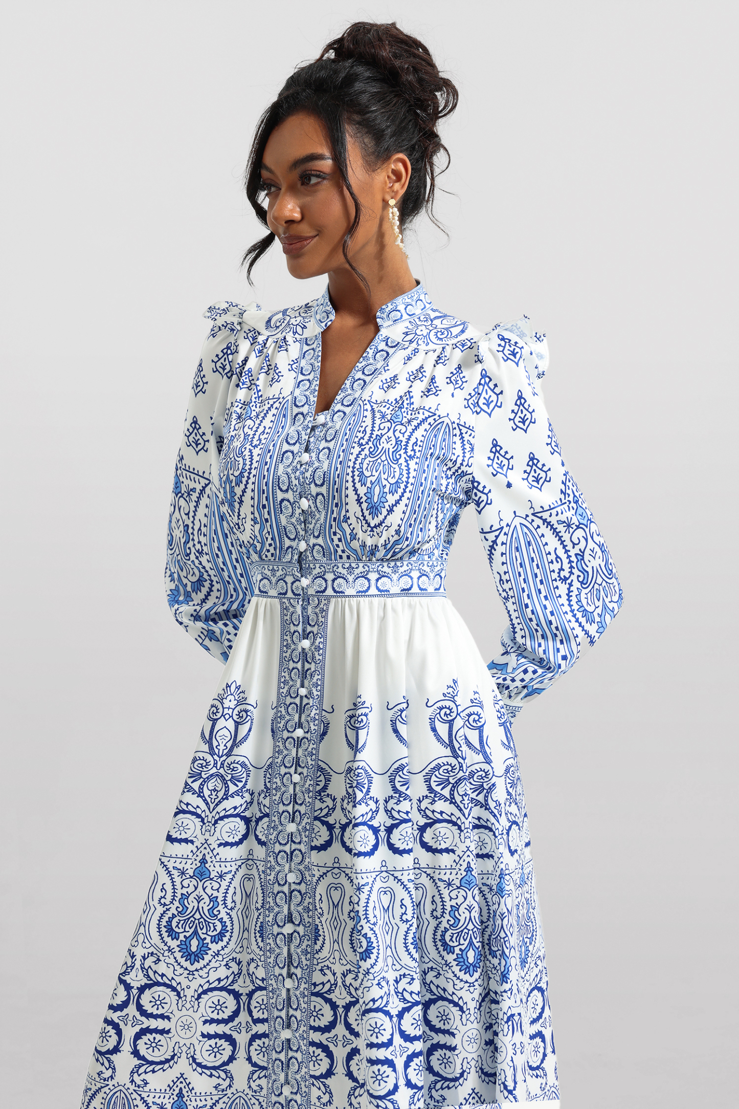 Paisley Print Lantern Sleeve Midi Dress