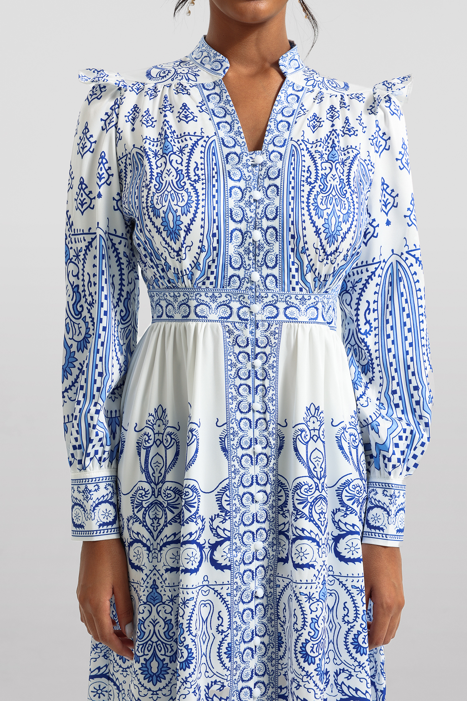 Paisley Print Lantern Sleeve Midi Dress