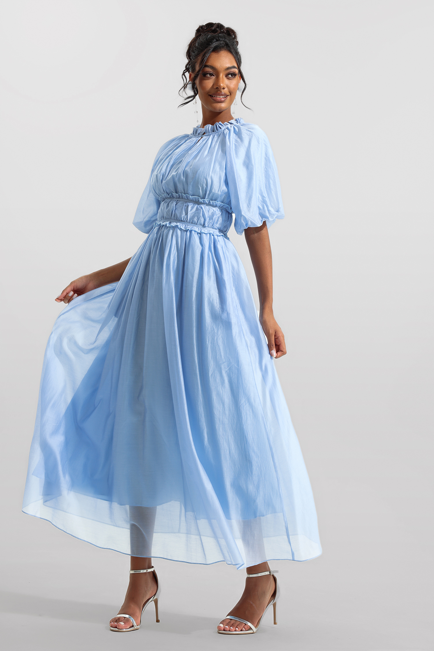 Chiffon Raglan Sleeve Frill Midi Dress