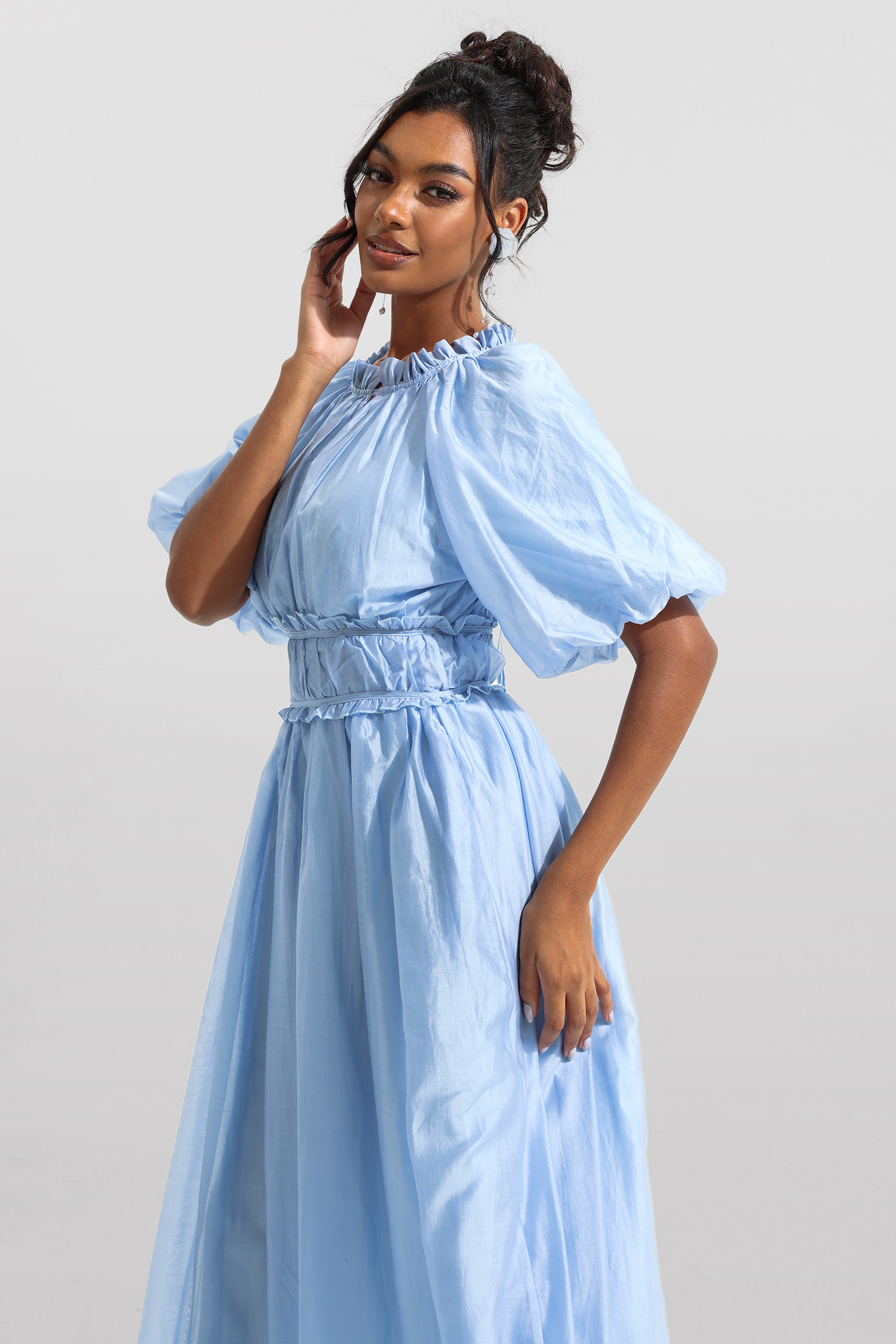 Chiffon Raglan Sleeve Frill Midi Dress
