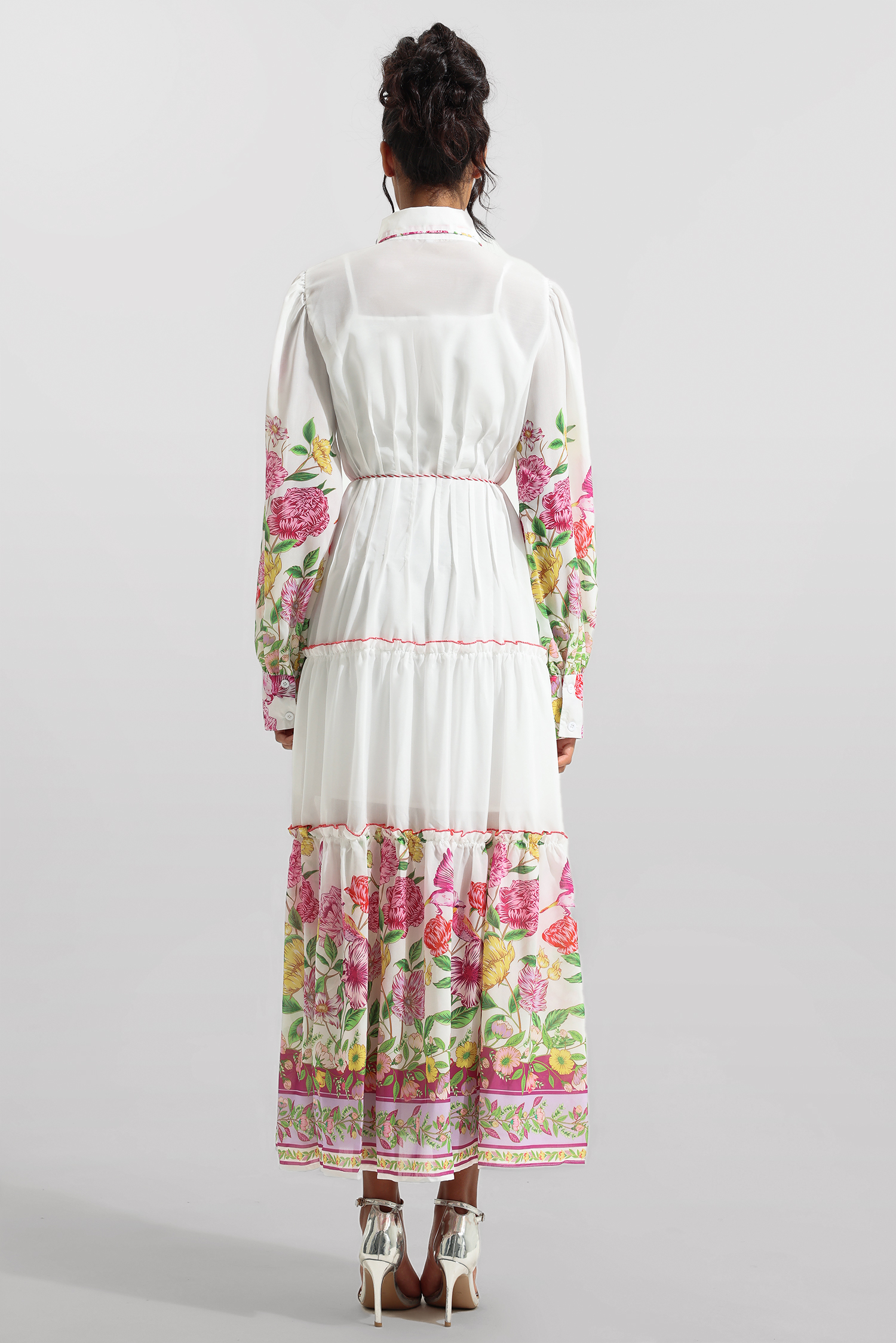 Floral Shirt Collar Long Sleeve Midi Dress