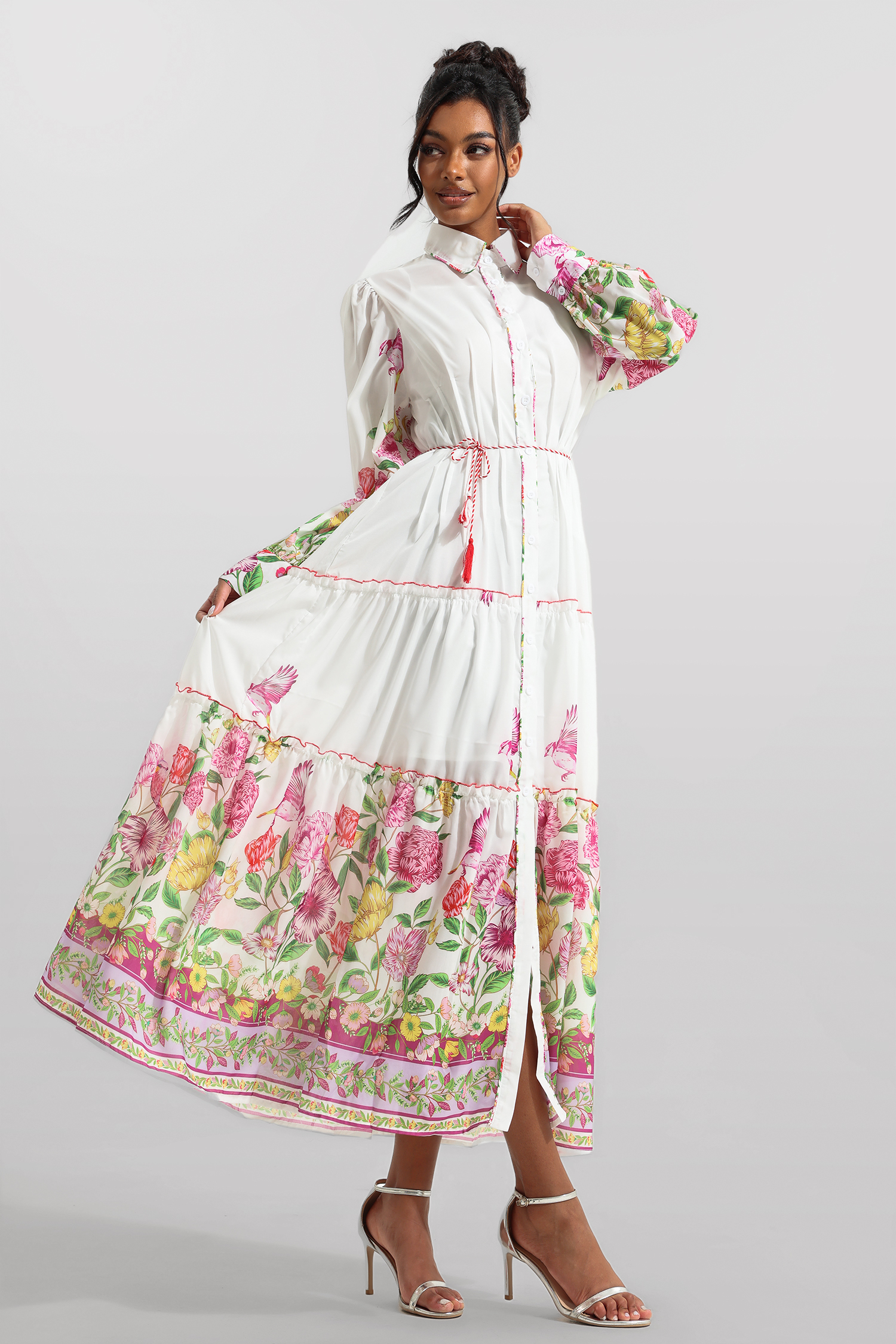 Floral Shirt Collar Long Sleeve Midi Dress