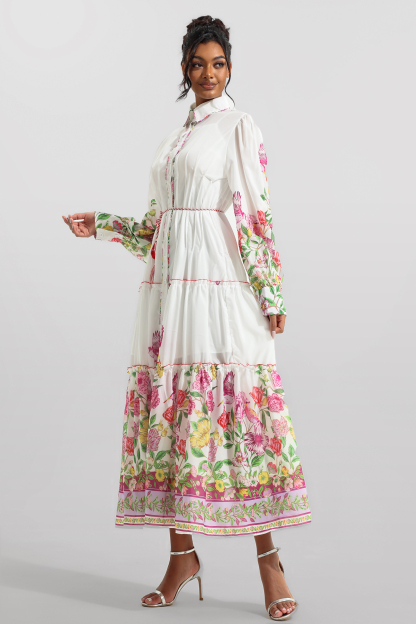 Floral Shirt Collar Long Sleeve Midi Dress