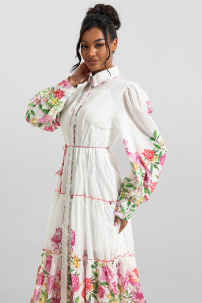 Floral Shirt Collar Long Sleeve Midi Dress