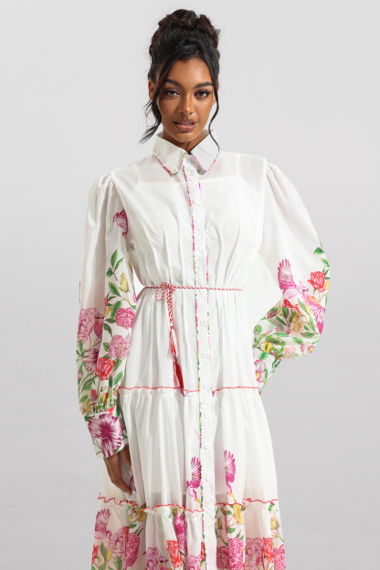 Floral Shirt Collar Long Sleeve Midi Dress
