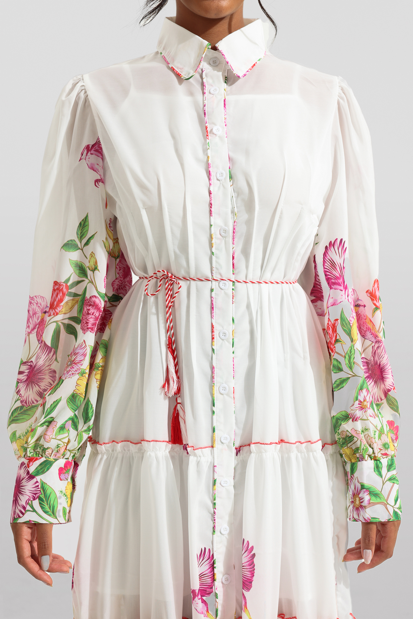 Floral Shirt Collar Long Sleeve Midi Dress