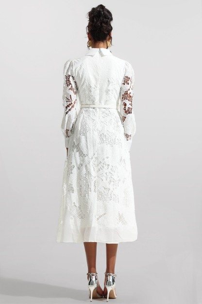 Lace Solid Lantern Sleeve Midi Dress With Belt