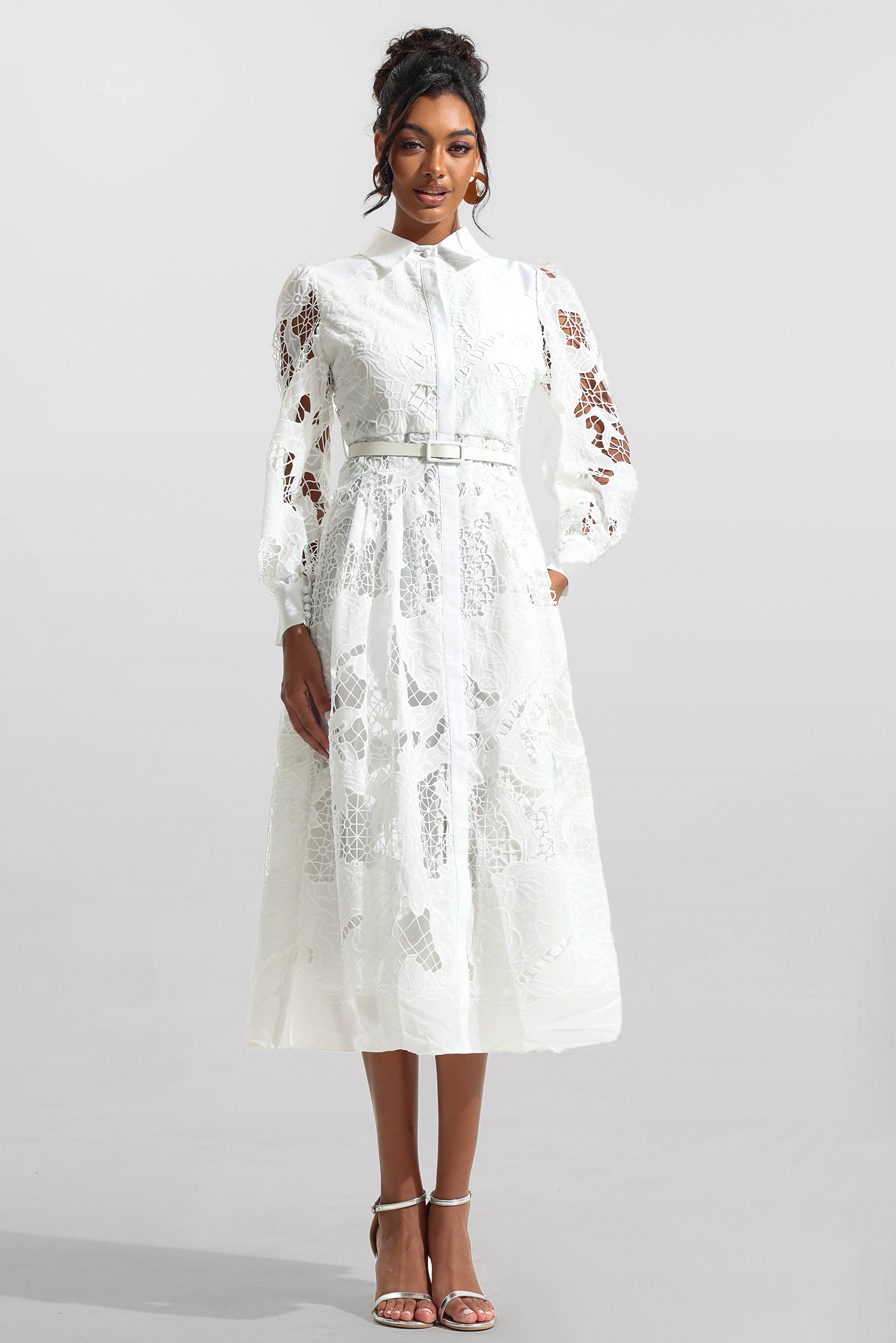 Lace Solid Lantern Sleeve Midi Dress With Belt
