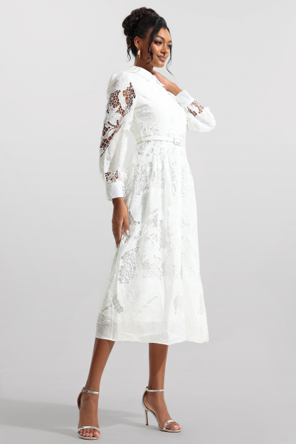 Lace Solid Lantern Sleeve Midi Dress With Belt