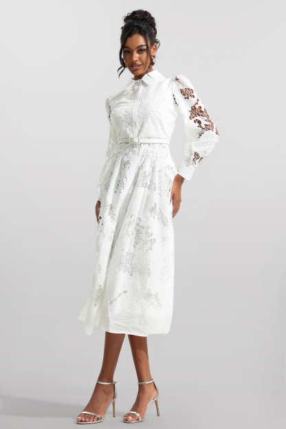 Lace Solid Lantern Sleeve Midi Dress With Belt