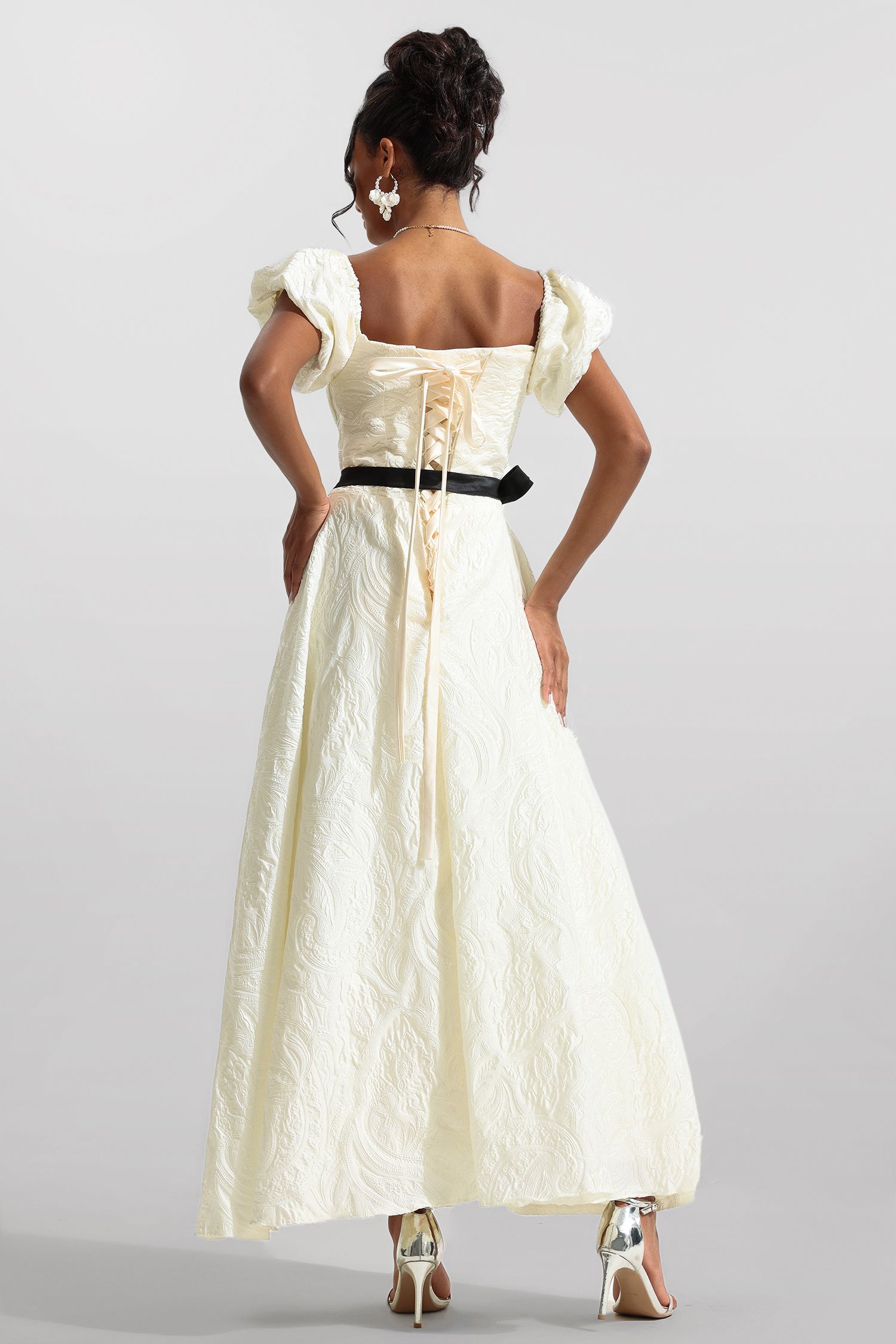 Jacquard Puff Sleeve Midi Dress