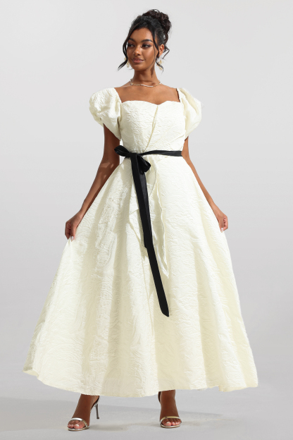 Jacquard Puff Sleeve Midi Dress