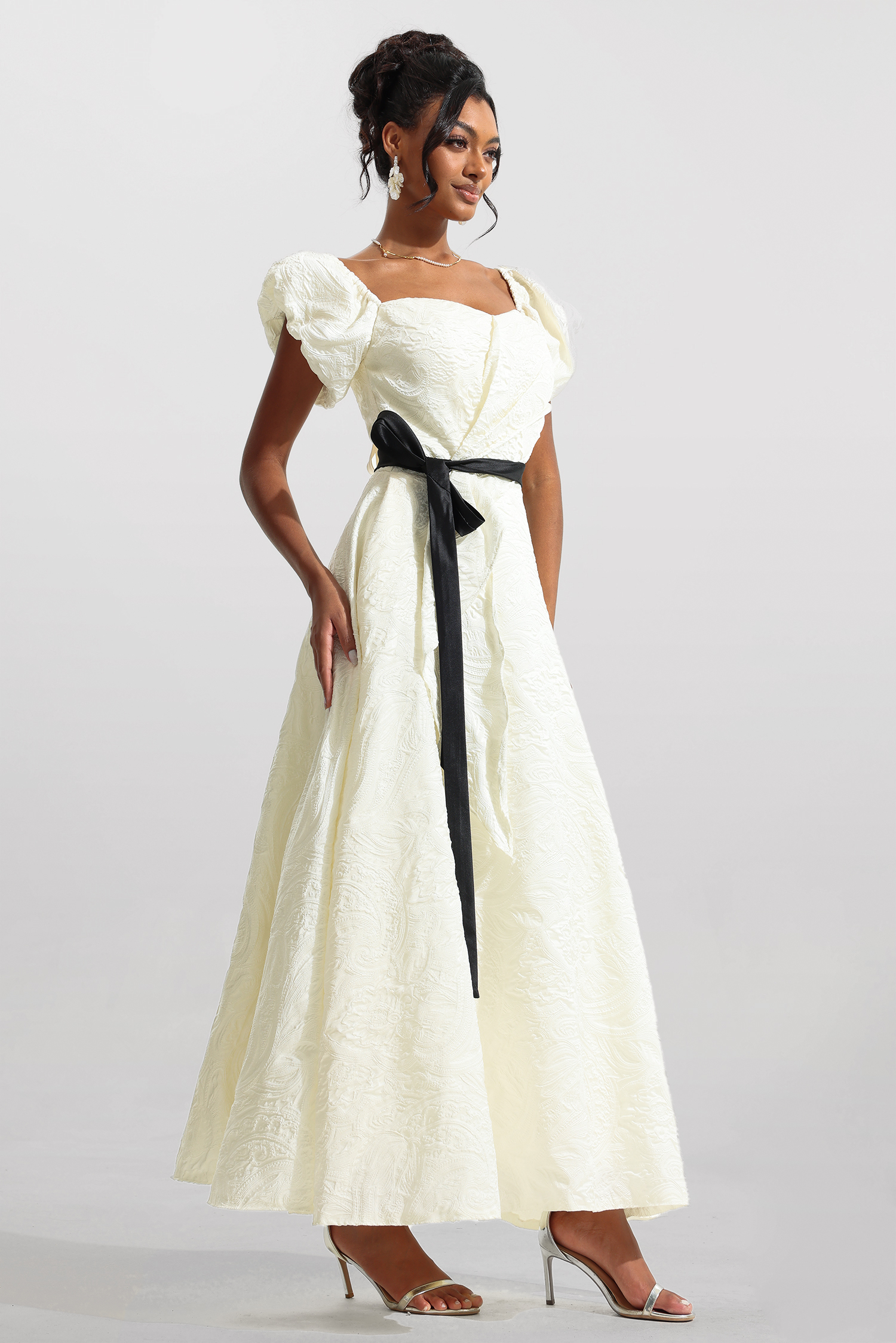 Jacquard Puff Sleeve Midi Dress