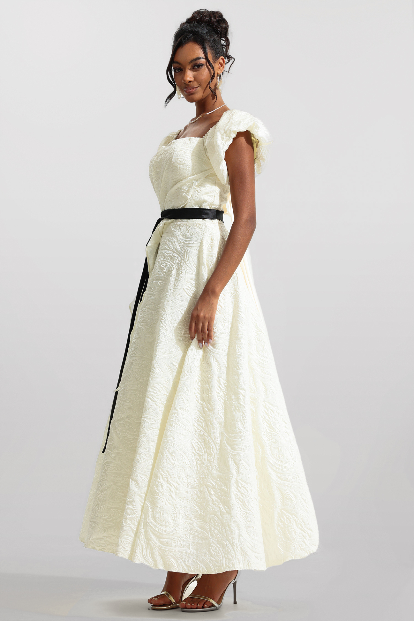 Jacquard Puff Sleeve Midi Dress