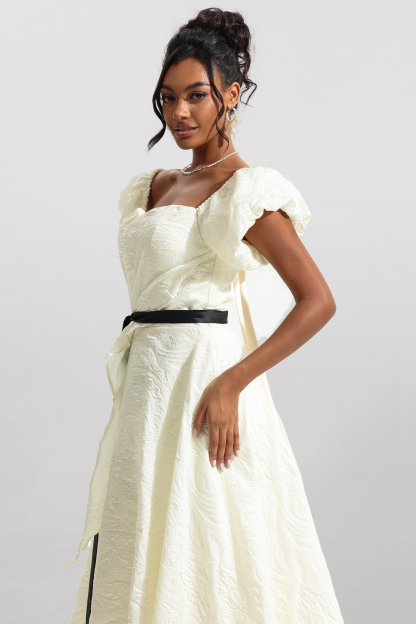 Jacquard Puff Sleeve Midi Dress