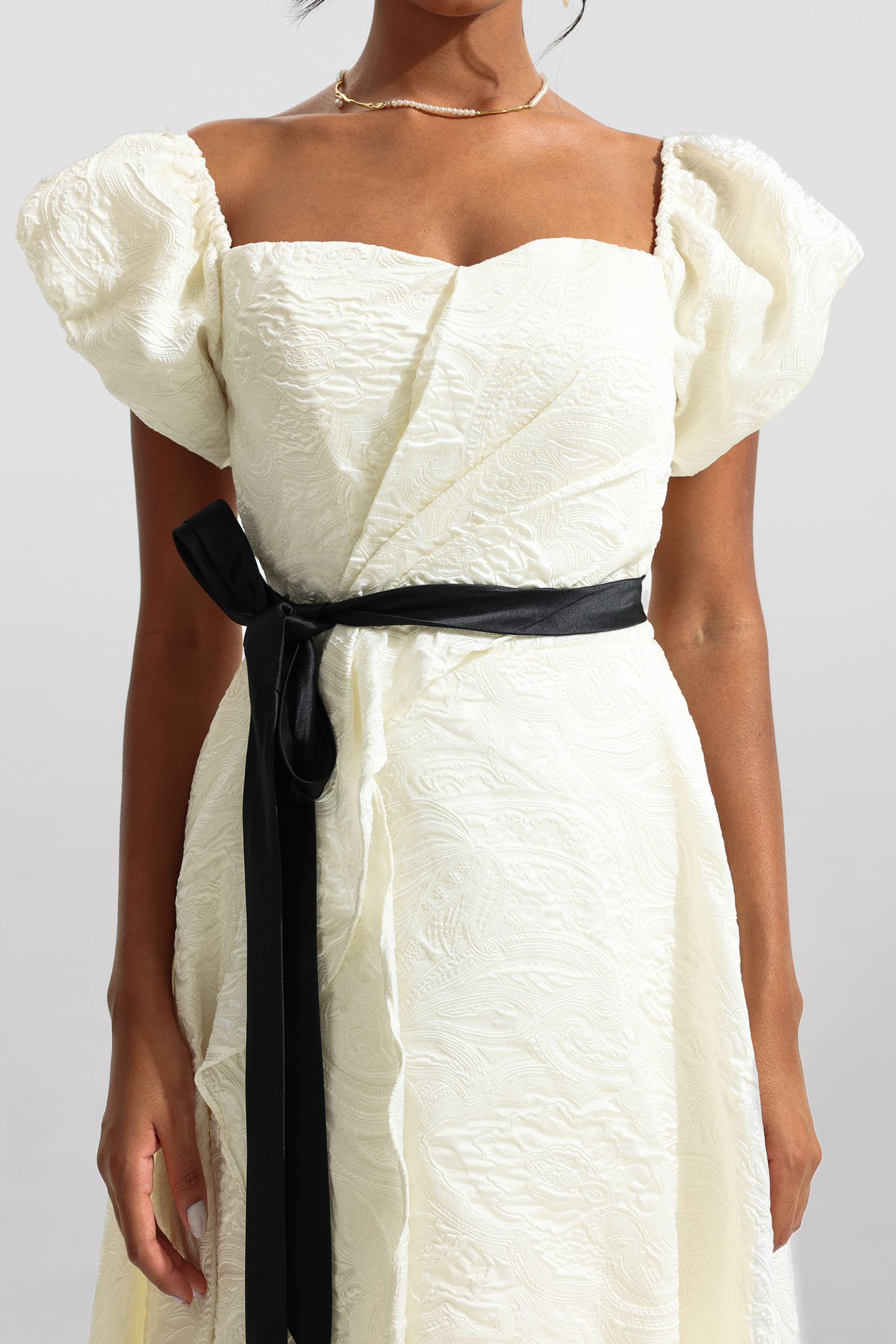 Jacquard Puff Sleeve Midi Dress