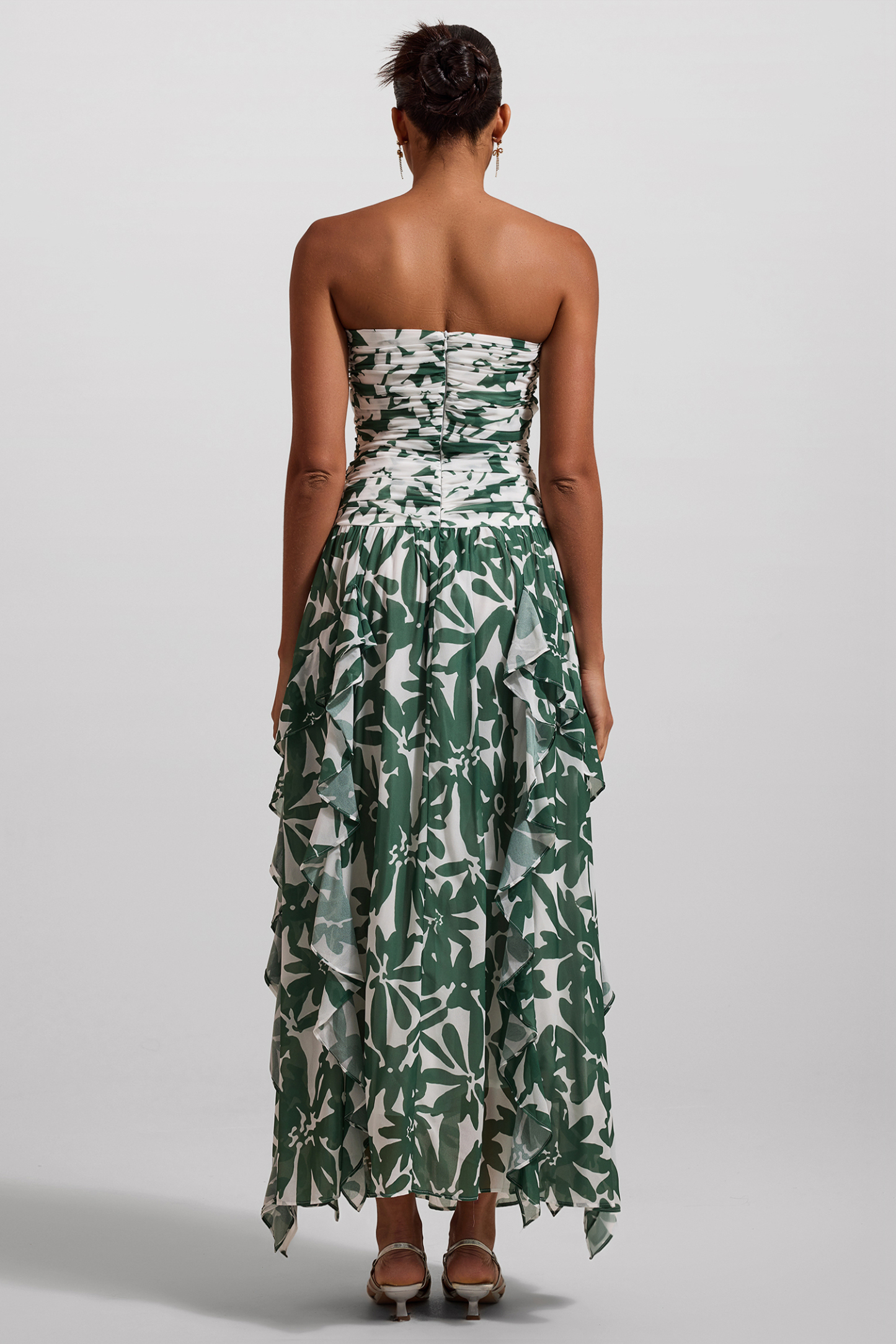 Floral Ruched Strapless Midi Dress