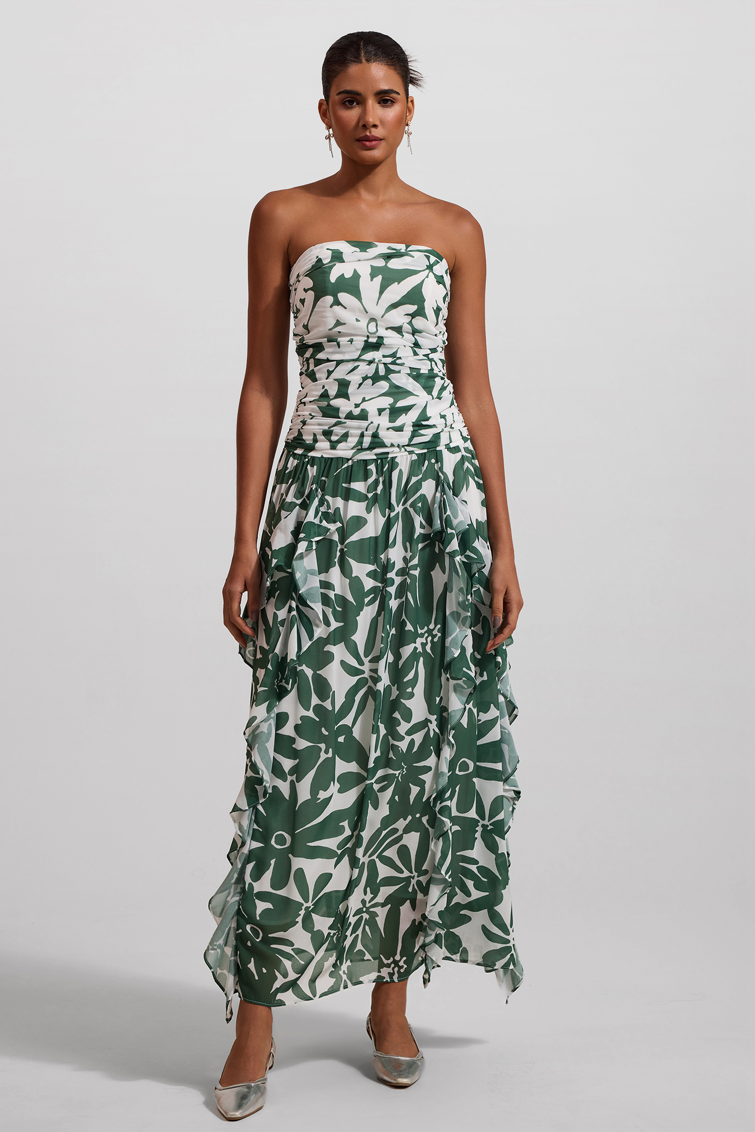 Floral Ruched Strapless Midi Dress