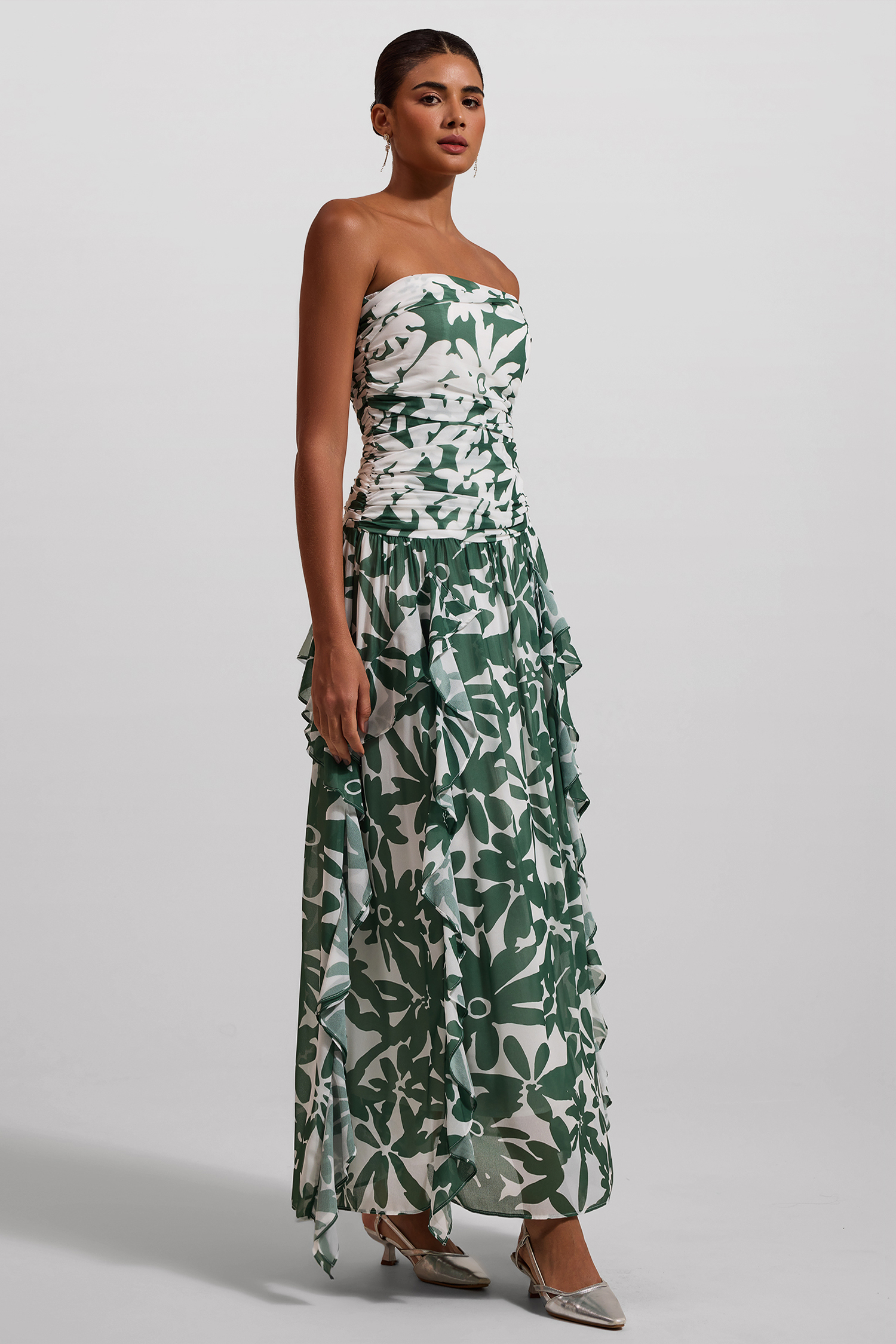 Floral Ruched Strapless Midi Dress