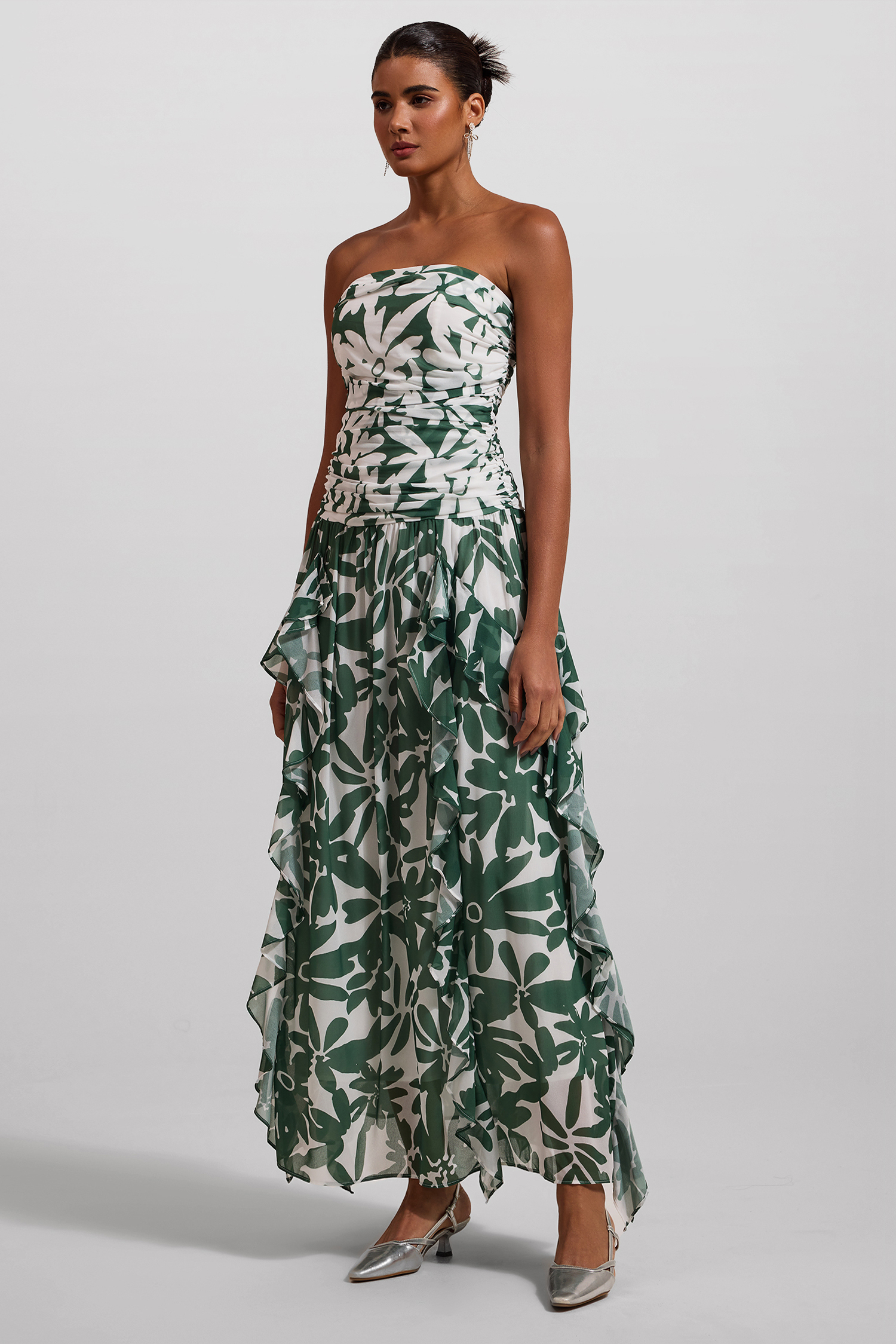 Floral Ruched Strapless Midi Dress