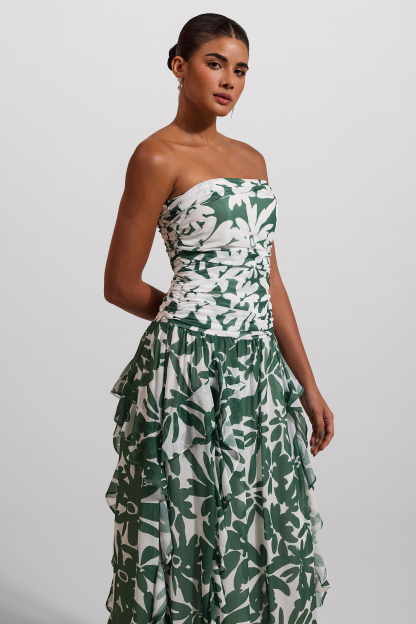 Floral Ruched Strapless Midi Dress