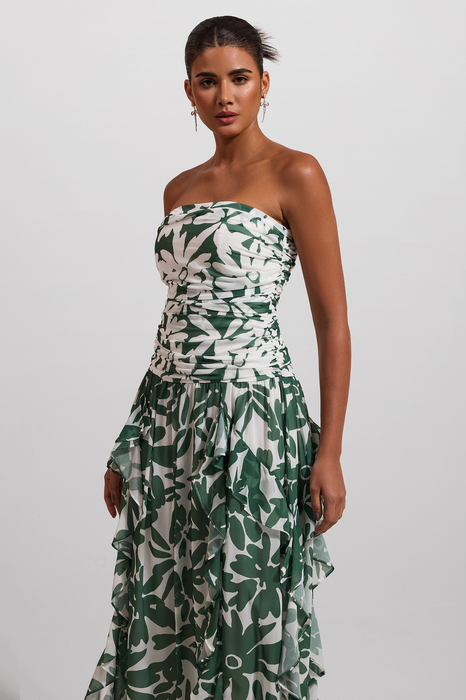 Floral Ruched Strapless Midi Dress