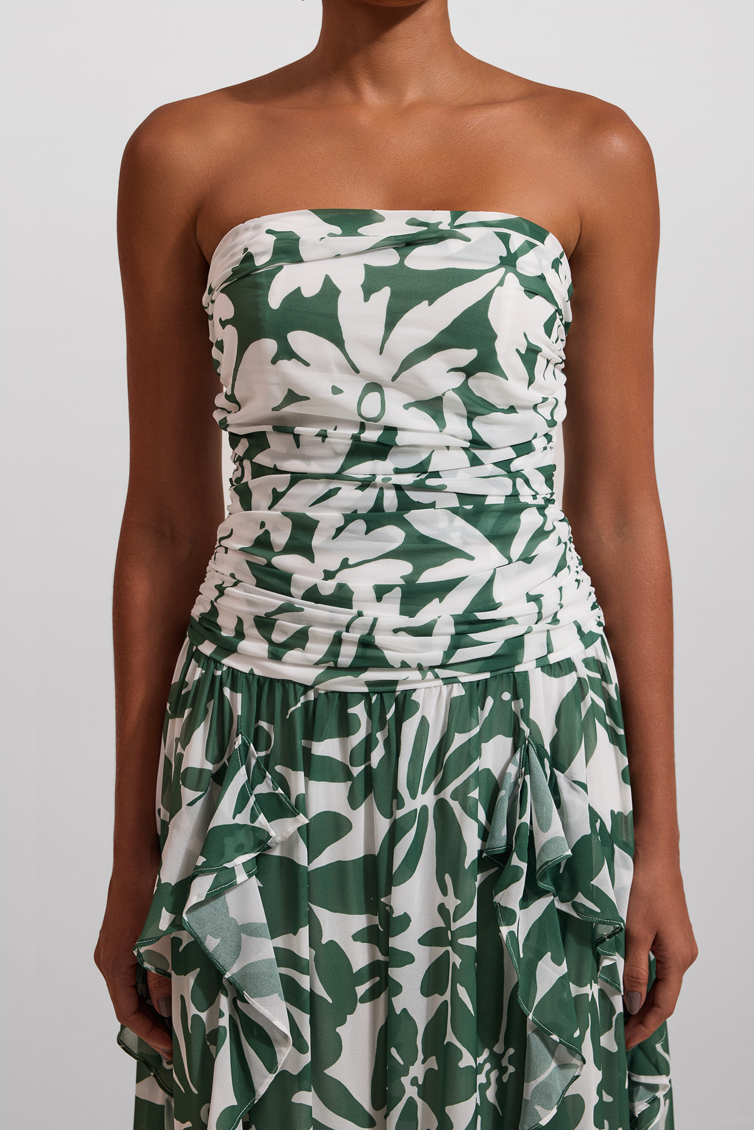 Floral Ruched Strapless Midi Dress