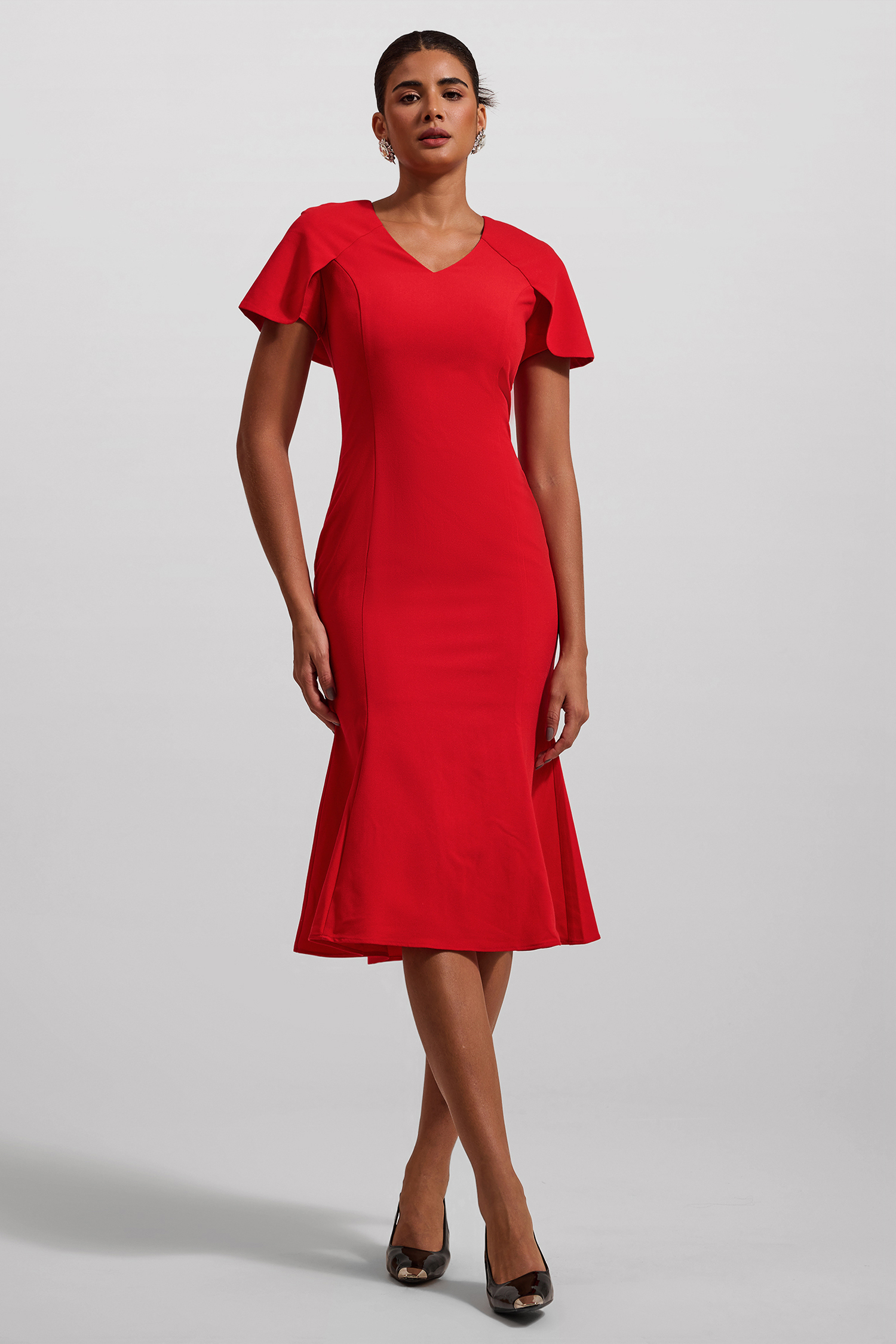 Solid V-Neck Shawl Midi Dress