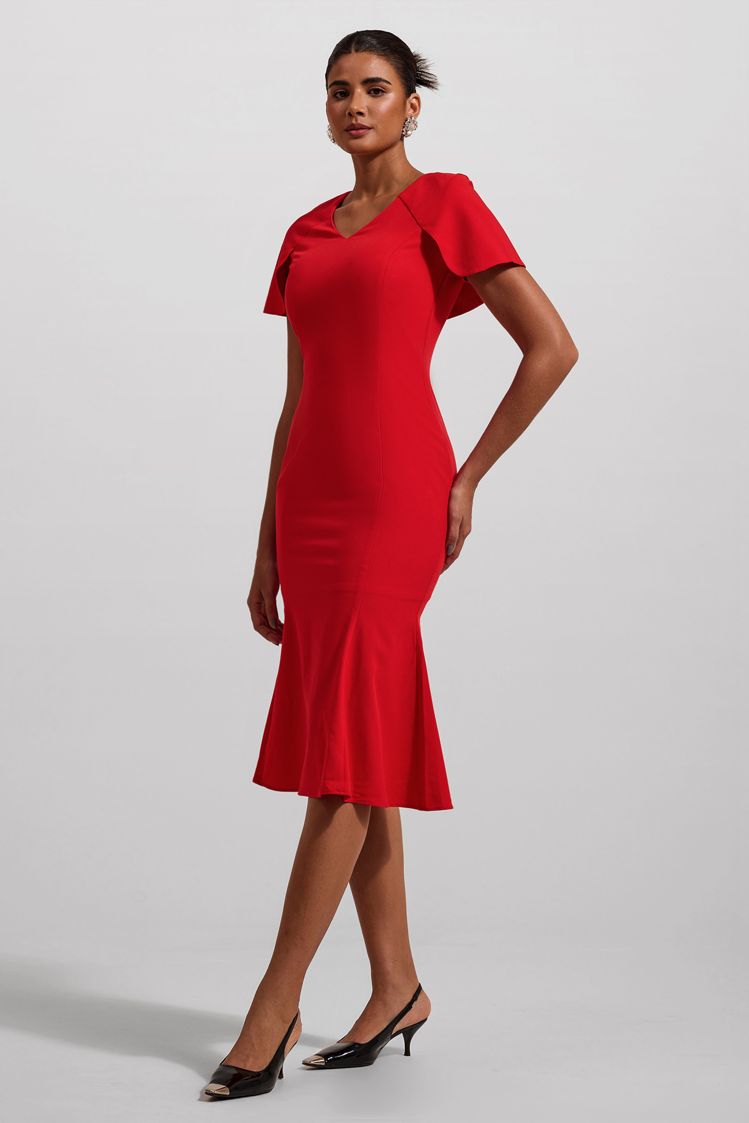 Solid V-Neck Shawl Midi Dress