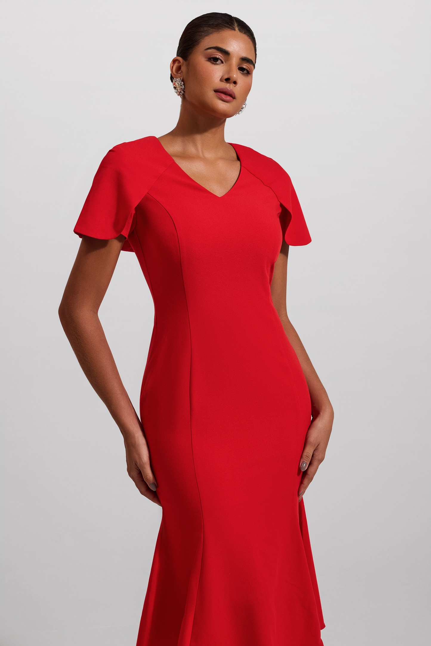 Solid V-Neck Shawl Midi Dress