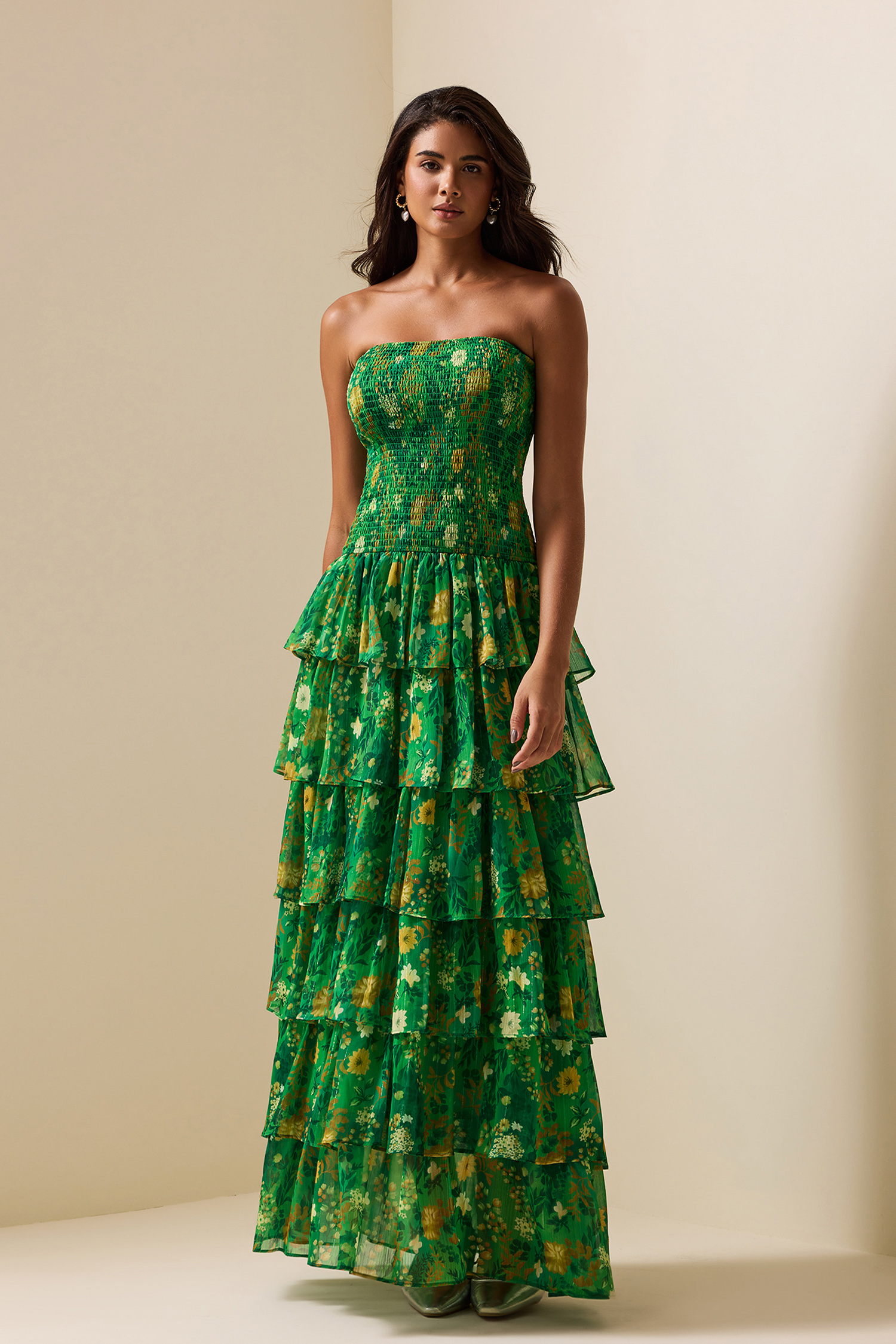 Smocking Strapless Tiered Maxi Dress