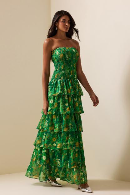 Smocking Strapless Tiered Maxi Dress