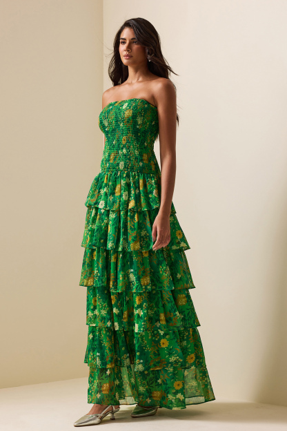Smocking Strapless Tiered Maxi Dress
