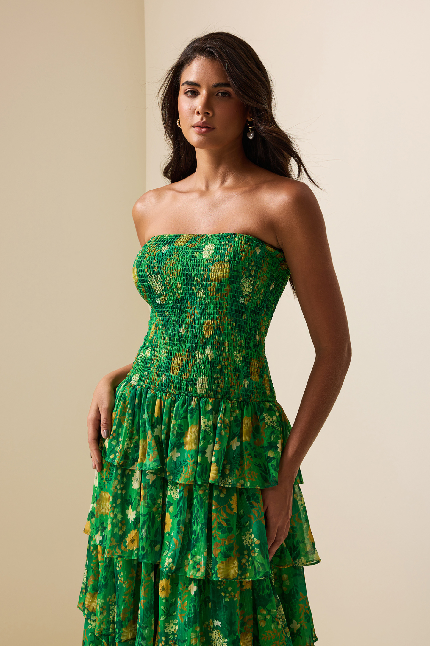 Smocking Strapless Tiered Maxi Dress