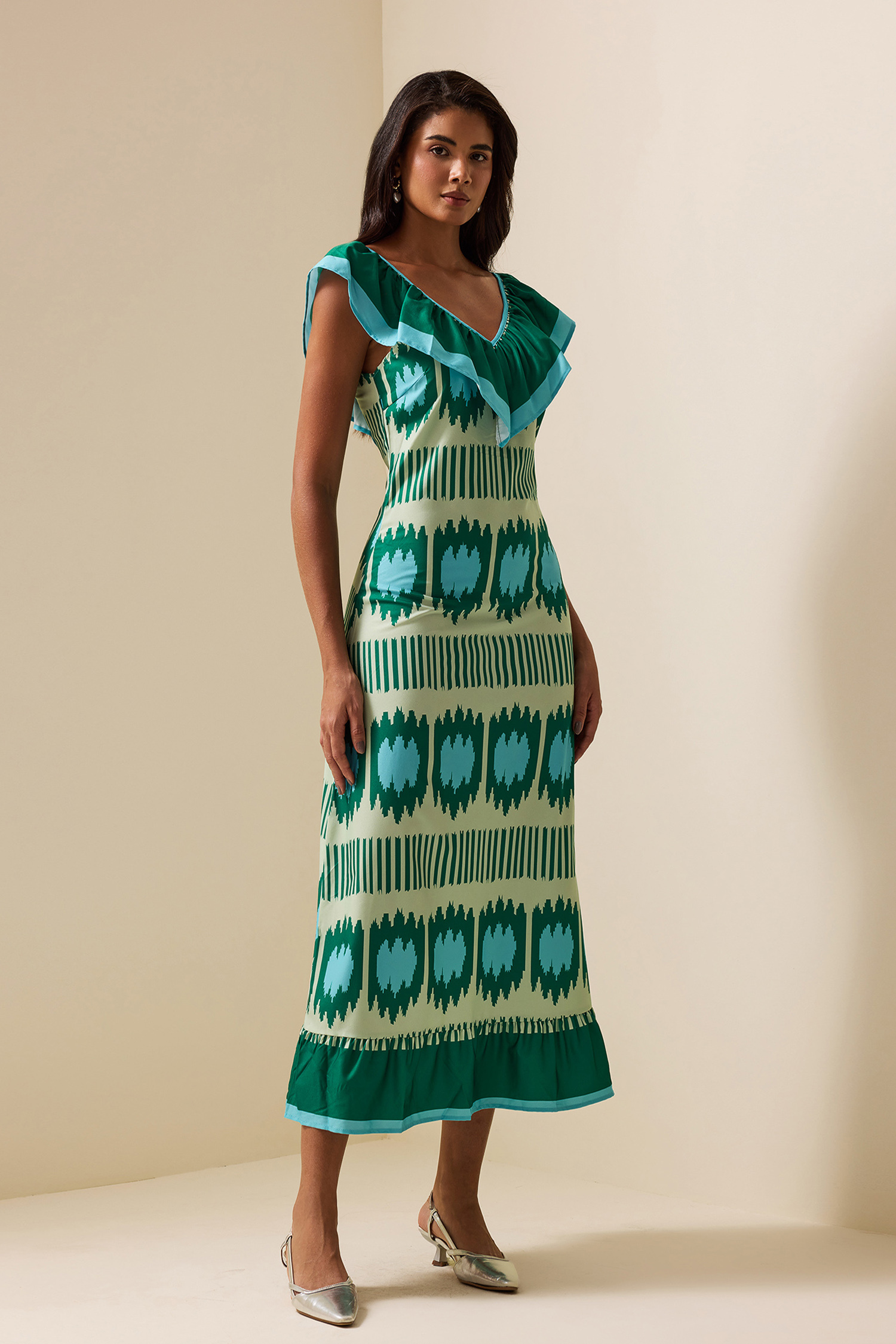 V-Neck Ruffle Sleeveless Maxi Dress