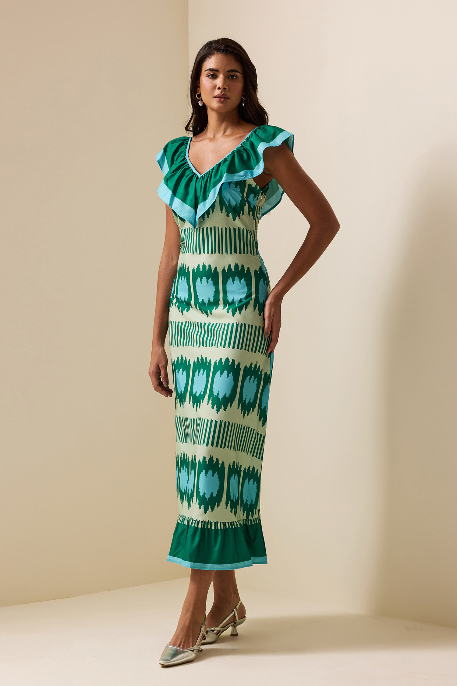 V-Neck Ruffle Sleeveless Maxi Dress