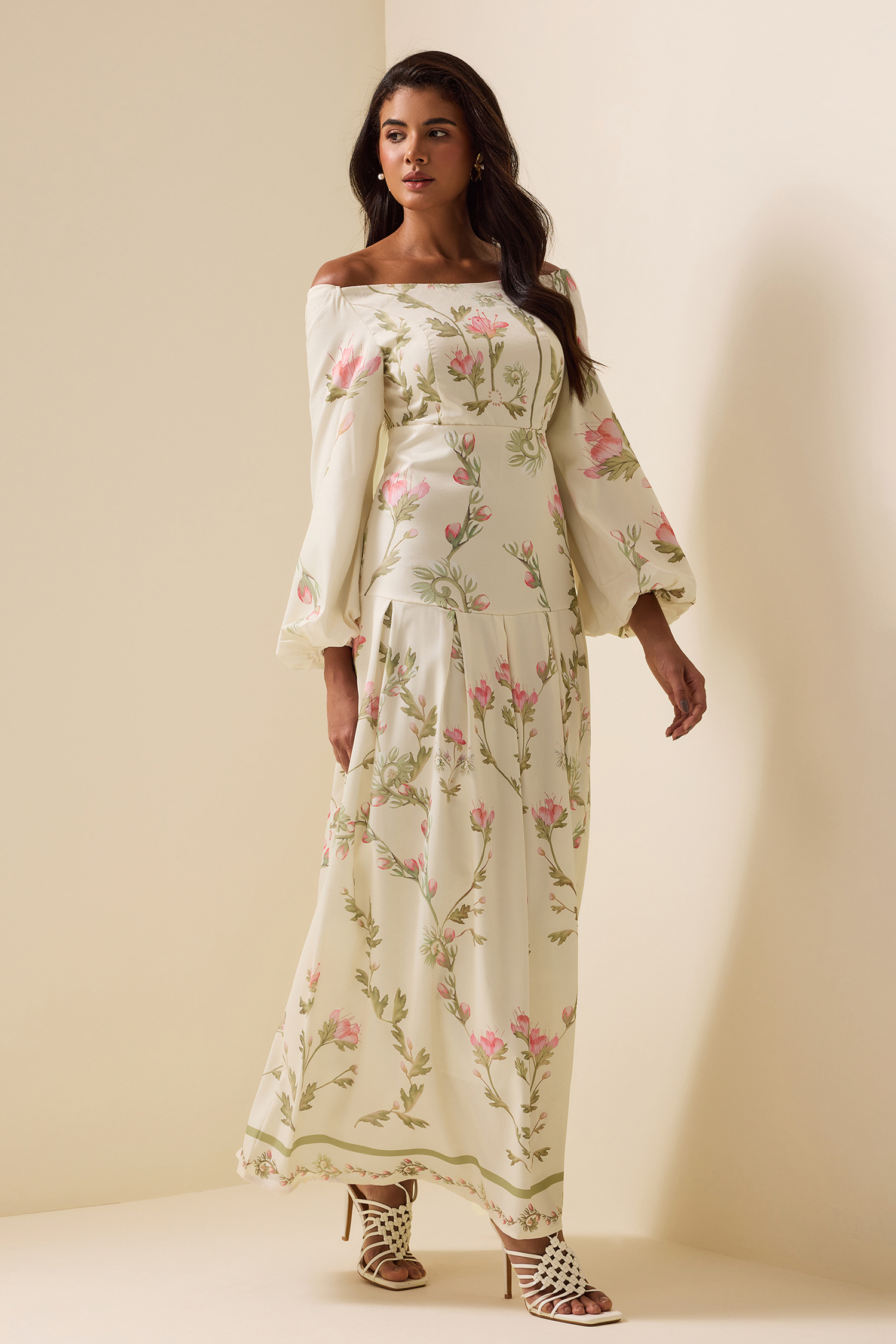 Floral Lantern Sleeve Off-Shoulder Maxi Dress