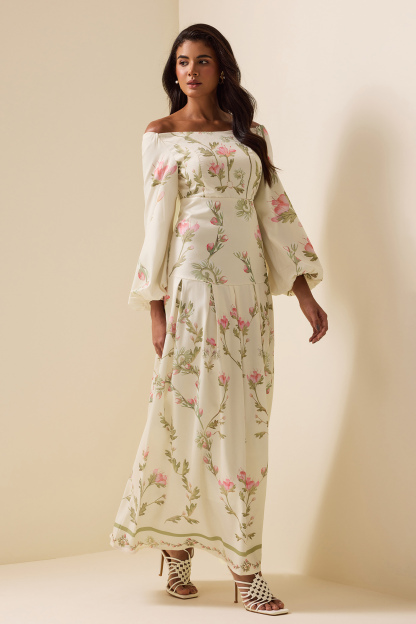 Floral Lantern Sleeve Off-Shoulder Maxi Dress