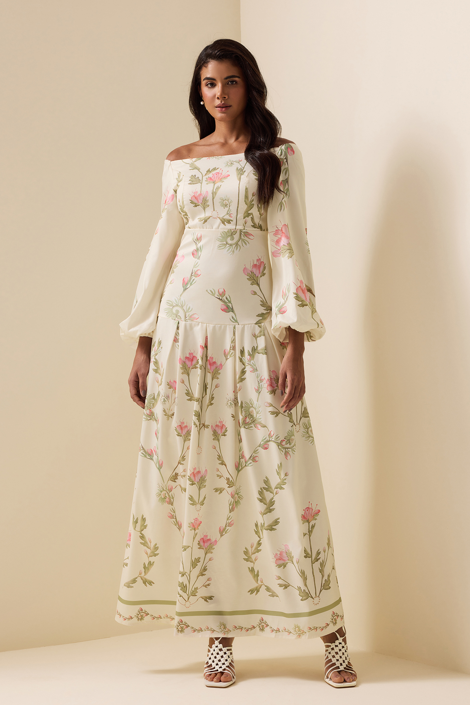 Floral Lantern Sleeve Off-Shoulder Maxi Dress