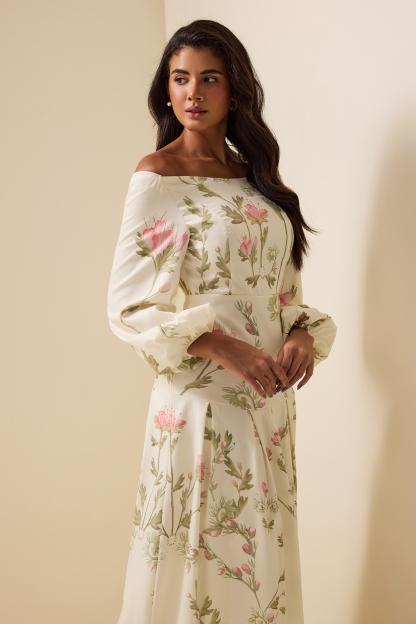 Floral Lantern Sleeve Off-Shoulder Maxi Dress