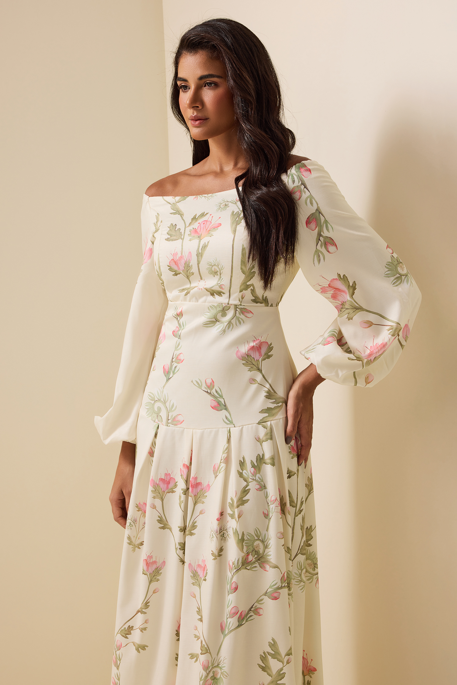 Floral Lantern Sleeve Off-Shoulder Maxi Dress