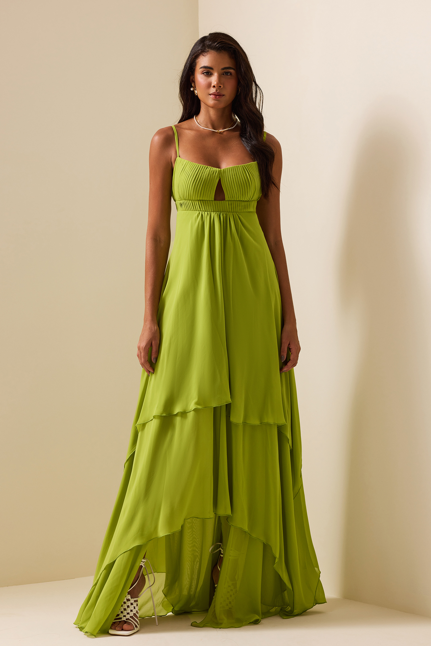 Solid Pleated Cut-Out Maxi Dress