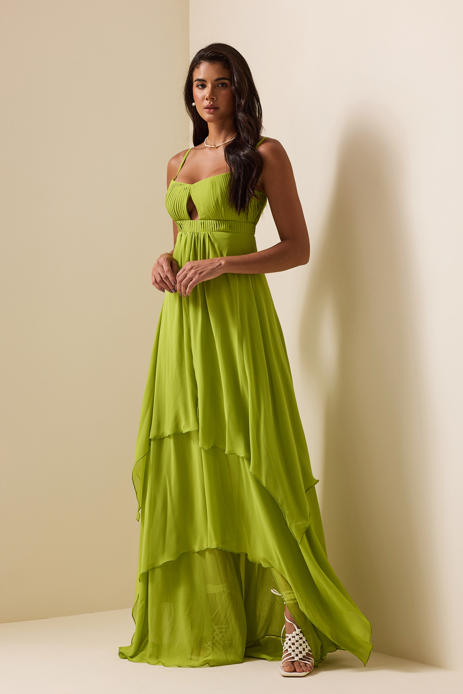 Solid Pleated Cut-Out Maxi Dress
