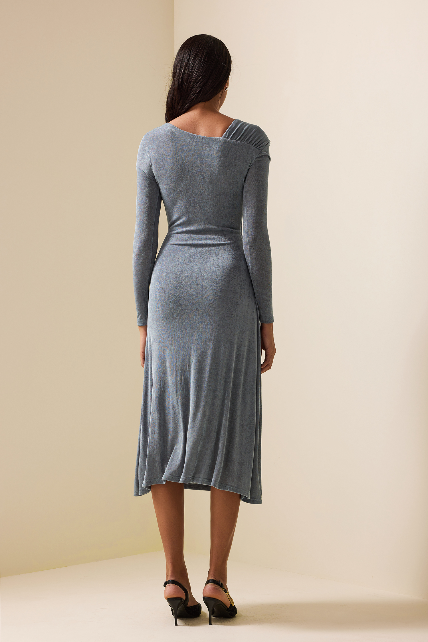 Jersey Solid Ruched Long Sleeve Midi Dress Blue